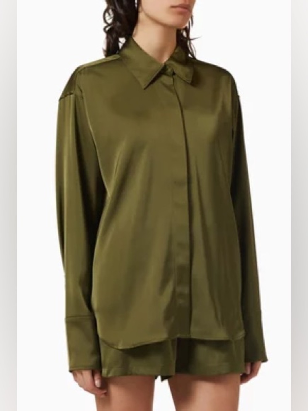 Good American Olive Satin Button-Up Shirt, S/M